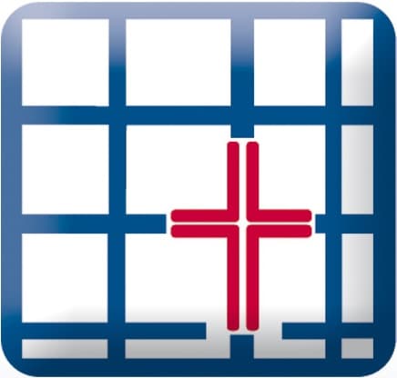 Logo Gefängnisseelsorge - rotes Kreuz vor blauen Linien